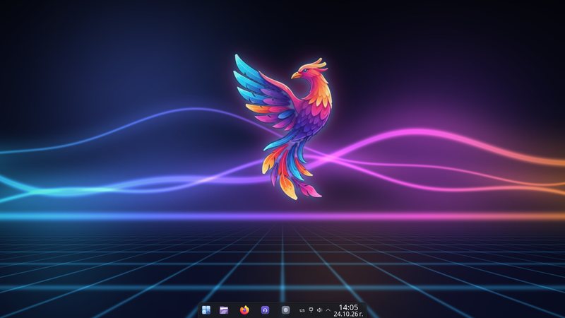 Тъмен работен плот Theme 11 с тапет с феникса на PhoenixCore и компактна центрирана лента на задачите